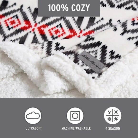 NWT Eddie Bauer Sherpa & Brushed Fleece Throw, Mountain Village Red, - Picture 9 of 11